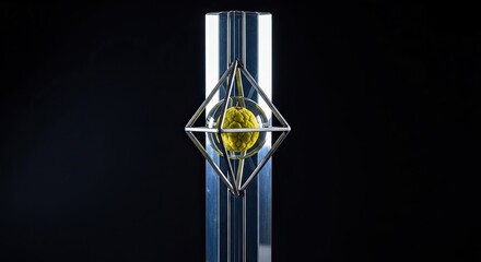 Obraz premium Sugar Apple Inside Metal Diamond Cage with Clear Square Column on Black Surface