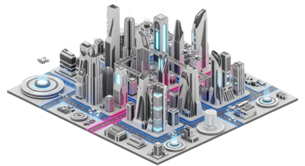 Futuristic Smart City with Tall Skyscrapers and Neon Lights in a Digital Style