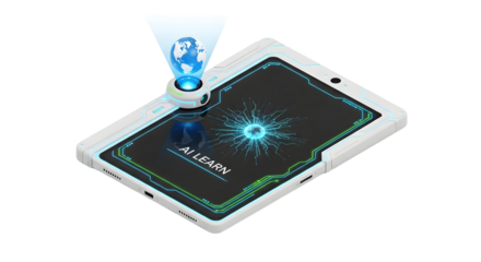 Futuristic Smartphone with AI Learn Text and Earth Globe Projection in Digital Technology Scene