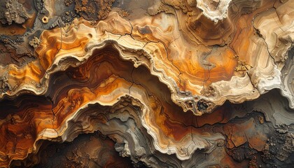 Obraz premium Abstract close-up of rock formations with swirling patterns of brown, orange, white, and grey hues creating a textured, organic landscape.