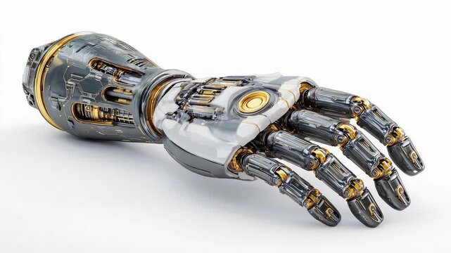 A gray metallic robotic prosthetic hand with articulated fingers and gold accents.