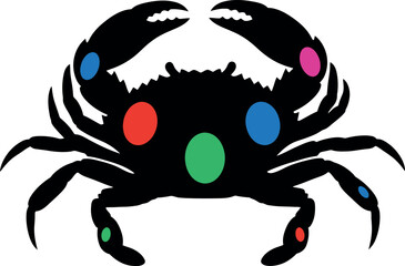 Abstract black crab silhouette with colorful geometric dots in red, blue, green, and pink on its body and claws, conceptualizing marine life, seafood, tropical fun, or modern animal art and brand.
