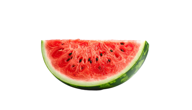 Slice of juicy watermelon, red flesh, seeds, green rind