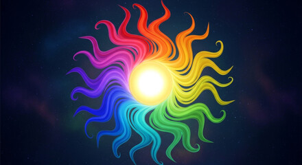 A vibrant and colorful sunburst design radiates energy and warmth against a dark, starry backdrop, creating a captivating and celestial illustration