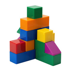 Fototapeta premium Colorful plastic building blocks form an irregular, intricate structure on black