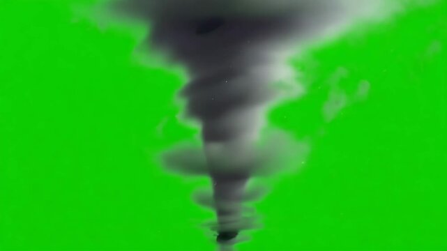 Dramatic tornado funnel cloud swirling against a vibrant green screen for visual effects