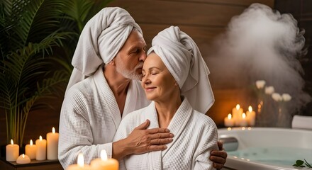 Romantic senior couple enjoying a luxury spa day in bathrobes with candles and steam