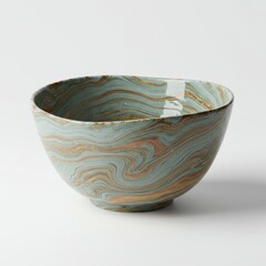 Ceramic Bowl with Swirled Aqua and Copper Pattern on White Background