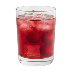 Dark red beverage in a clear glass with ice cubes and five round fruit pieces