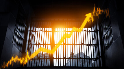 Contrasting Economic Landscapes, Glowing Modern Skyline, Rising Red Arrows, Stock Graphs, Inflation, Dim Industrial Landscape, Declining Blue Charts, Slowing Factories, Metallic Globe, Global Finance,