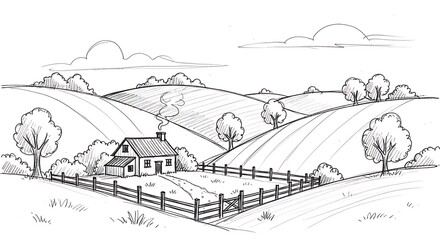 Fototapeta premium Rural landscape sketch featuring a charming house, rolling hills, and serene countryside.