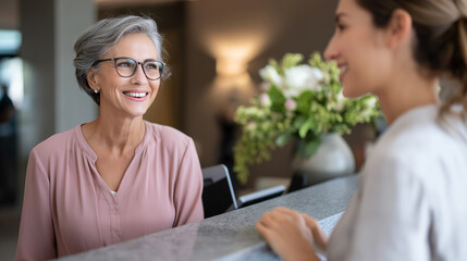 Young eye doctor in professional attire having pleasant conversation with smiling elderly woman at modern reception desk during scheduled visit to specialized ophthalmology clinic