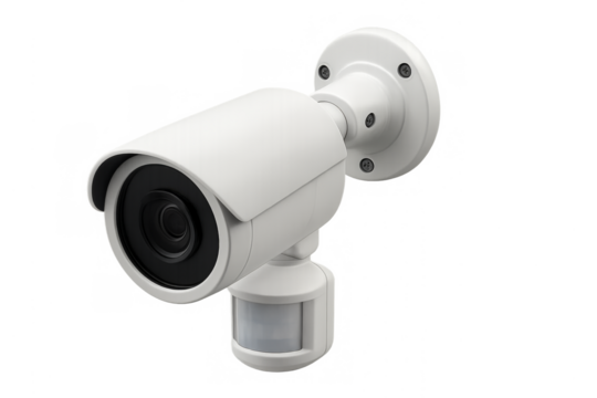 White security camera with motion sensor monitoring system