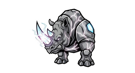Powerful rhino mascot with electric energy, a dynamic symbol of strength and resilience ready to amplify your brand's image, and captivate audiences globally