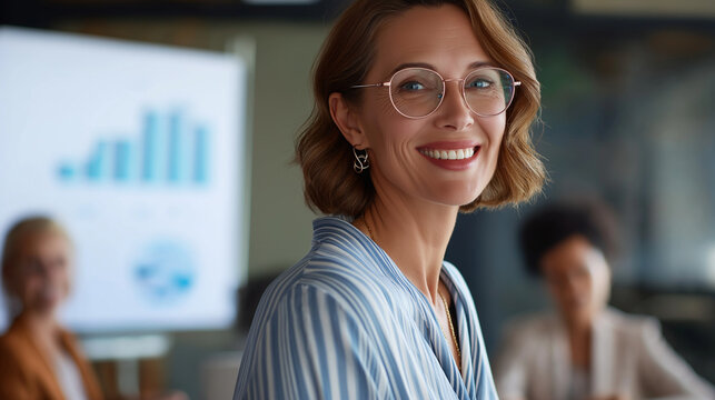 Joyful happy businesswoman wearing eyeglasses presenting detailed financial report and data analysis to female team member in corporate office financial presentation skills