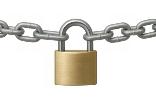 Padlock locking metal chain, security and protection concept