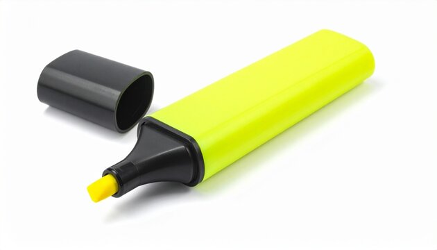 Bright yellow highlighter with black tip and chisel nib, featuring a textured grip and matching cap. Ideal for marking text in books, notes, or documents. Clean, isolated, and office-ready visual.