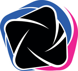 Abstract camera shutter aperture logo or video play button symbol with dynamic blue and pink swirling motion trails, representing photography, media, video, and creative digital services.