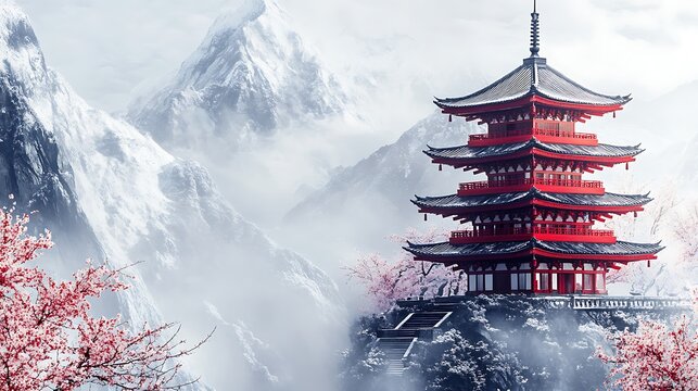 Majestic red pagoda nestled amidst snowcapped mountains and blooming cherry blossoms, creating a serene and picturesque japanese landscape - Powered by Adobe