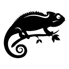 A black silhouette of a chameleon on a branch with leaves © SUMON
