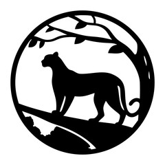 Silhouette of a panther standing on a branch under a tree, inside a circle © SUMON