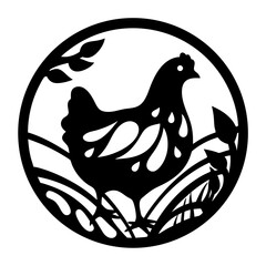 Simple black and white illustration of a chicken inside a circle frame © SUMON