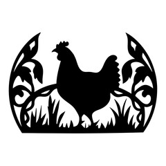 Obraz premium Black silhouette of a chicken standing in a floral frame art