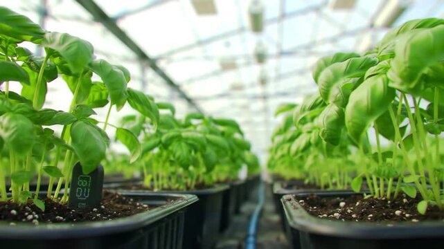 Green Basil Plants Growing Indoors in Rows with Bright Greenhouse Lighting