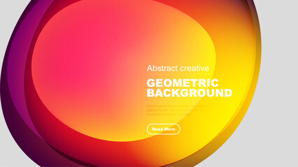 Vibrant overlapping circles create dynamic gradient background. Text block present, button visible. Modern design elements dominate composition.