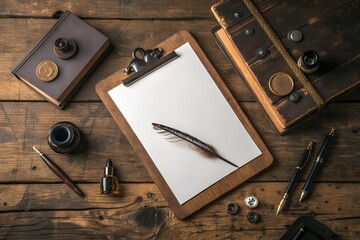 Vintage writing desk with quill pen clipboard and old books