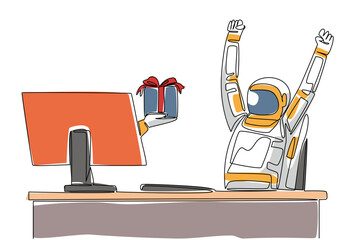 Single continuous line drawing hand of astronaut out of monitor screen while holds gift box. Prepare an impressive gift when returning to earth. Things from Screen. One line design vector illustration