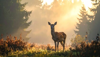 Alert Doe Standing Tall in Sunny Forest Clearing with Silhouette Trees