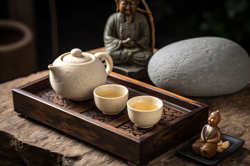 Traditional asian tea ceremony with ceramic teapot and cups