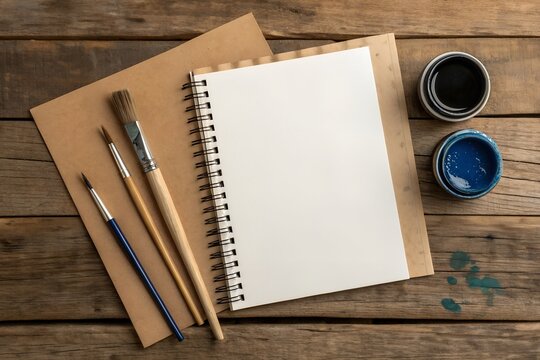 Art supplies including paintbrushes and blank notebook on a wooden surface