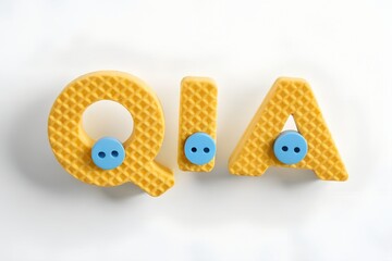 Yellow q and a letters with blue button eyes on a white background