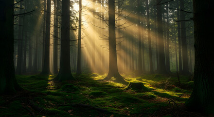 Obraz premium Enchanted misty forest with tall pine trees, sunbeams filtering through fog