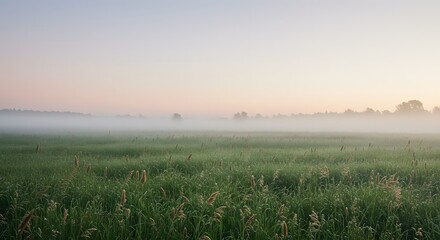 A serene landscape featuring a grassy field partially obscured by a layer of dense fog under a soft, pastel-colored sky at dawn or dusk.
