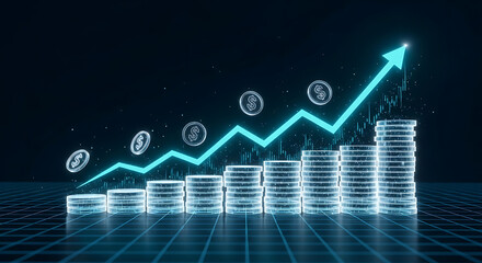 Finance Chart Holographic Coin Stacks & Rising Profit Line
