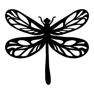 Stylized dragonfly vector silhouette with intricately patterned wings isolated on white