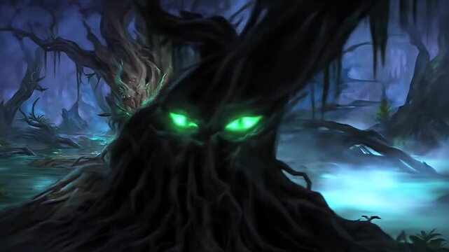 A mysterious swamp with gnarled trees and glowing eyes