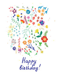 Happy birthday cute card - vector design with flowers and text