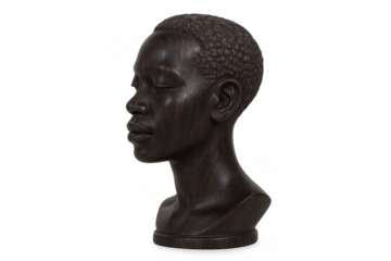 African wood carving bust with serene expression