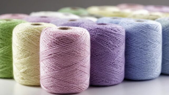 Pastel-colored yarn spools arranged in a row.
