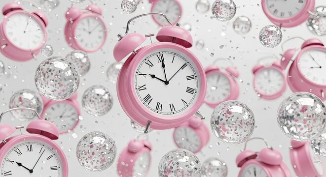 Whimsical Pink Alarm Clocks and Glittering Orbs Floating in a Dreamlike Scene