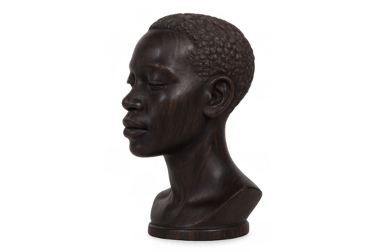 African wood carving bust with serene expression