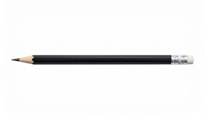 Fototapeta premium Black wooden pencil with sharpened graphite tip and silver ferrule, lying diagonally on white background, glossy finish with two silver bands, classic writing tool for education and professional use.