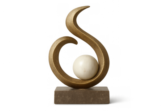 Abstract gold swirl sculpture holding marble sphere