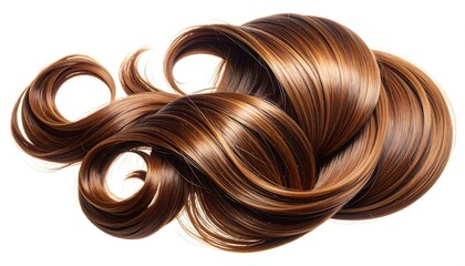 Close-up of brown, shiny, and healthy hair strands on white background