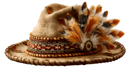 Flat vector pilgrim hat with feathers and ribbon, Thanksgiving symbol, isolated on Transparent background