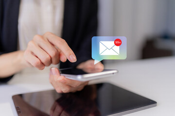 Professional hands tap smartphone screen viewing numerous unread email notifications busy with digital communication technology at work